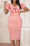 Розовые элегантные однотонные лоскутные платья с воланами и разрезом с бантом и V-образным вырезом.