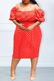 Red Fashion Casual Plus Size Dot Print Backless Off the Shoulder Short Sleeve Dress