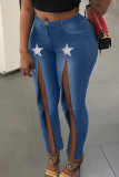 Jeans médio azul fashion casual com fenda nas estrelas cintura alta regular