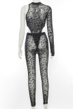 Dos piezas de manga larga con cuello en O asimétrico transparente de leopardo sexy de moda negra