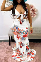 White Sexy Print Hollowed Out Patchwork Spaghetti Strap Straight Dresses