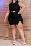 Noir Sexy Solid Draw String V Neck Plus Size Two Pieces