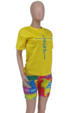 Yellow Fashion Casual Print Basic O Neck Short Sleeve Two Pieces