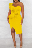 Yellow Fashion Sexy Solid Patchwork Backless Slit One Shoulder Sleeveless Dress
