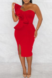 Rose Red Fashion Sexy Solid Patchwork Backless Slit One Shoulder Sleeveless Dress