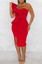 Red Fashion Sexy Solid Patchwork Backless Schlitz One Shoulder Ärmelloses Kleid