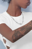 White Fashion Solid Hollowed Out O Neck T-Shirts