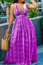 紫のセクシーなプリント パッチワーク バックレス ホルター A ライン ドレス