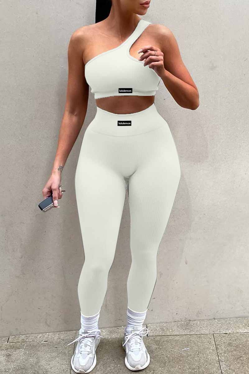 

Cream White Fashion Sportswear Letter Patchwork One Shoulder Sleeveless Two Pieces