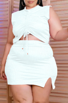 Branco Sexy Sólido Corda com Decote em V Plus Size Duas Peças