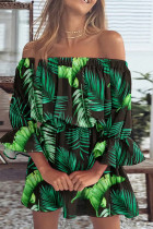 Groene mode casual print backless off-shoulder A-lijn jurken