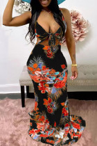 Black Sexy Print Hollowed Out Patchwork Spaghetti Strap Straight Dresses