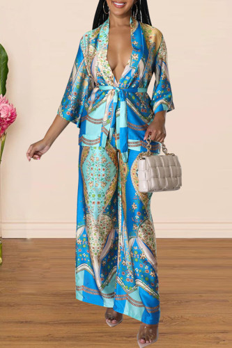 Blue Yellow Casual Elegant Print Bandage Patchwork Three Quarter Two Pieces