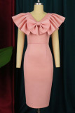 ピンクのエレガントなソリッドパッチワークフラウンススリット、ボウVネックワンステップスカートドレス