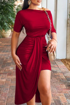 Burgundy Fashion Casual Solid Patchwork O Neck Short Sleeve Dress