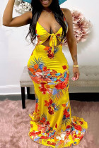 Yellow Sexy Print Hollowed Out Patchwork Spaghetti Strap Straight Dresses