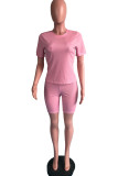 Pink Fashion Casual Solid Basic O Neck Short Sleeve Two Pieces
