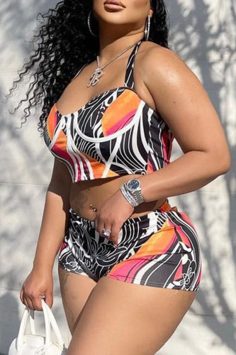 Tangerine Red Sexy Casual Print Backless Spaghetti Strap Sleeveless Two Pieces