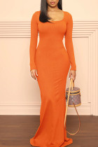 オレンジ色のセクシーなソリッドパッチワークUネックトランペットマーメイドドレス