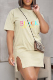 Black Fashion Casual Letter Print Slit O Neck Short Sleeve Dress