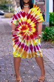 Yellow Fashion Casual Print Tie-dye V Neck Short Sleeve Dress