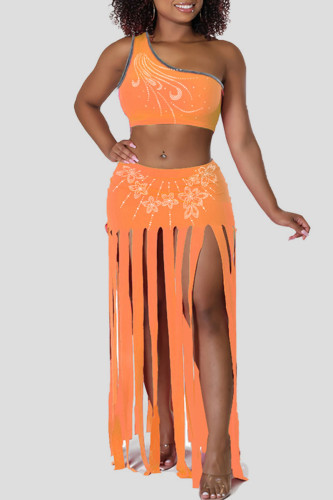 Tangerine Red Sexy Solid Tassel Patchwork Hot Drill Oblique Collar Two Pieces