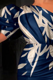 チベットブルーのエレガントなプリントパッチワーク非対称斜め襟ドレス
