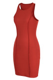 Красное сексуальное повседневное однотонное базовое платье без рукавов с круглым вырезом
