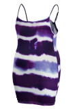 Purple Fashion Sexy Plus Size Print Tie Dye Backless Spaghetti Strap Sleeveless Dress