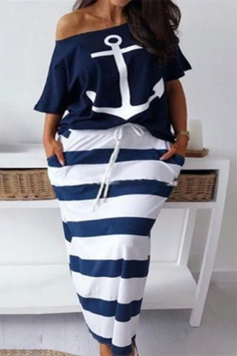 Deep Blue Fashion Casual Print Basic Oblique Collar Plus Size Two Pieces