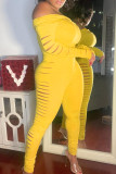 黄色いファッションカジュアルソリッドは肩のスキニージャンプスーツをはぎ取った