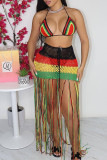 Colour Sexy Print Tassel Hollowed Out Patchwork Swimwears Cover Up