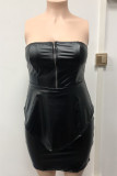 Black Fashion Sexy Solid Patchwork Backless Strapless Plus Size Two Pieces