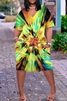 Yellow Fashion Casual Rainbow Print Tie-dye V Neck Short Sleeve T-shirt Loose Dress