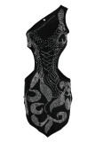 Vestido irregular de un hombro sin espalda ahuecado perforado en caliente de patchwork sexy negro Vestidos