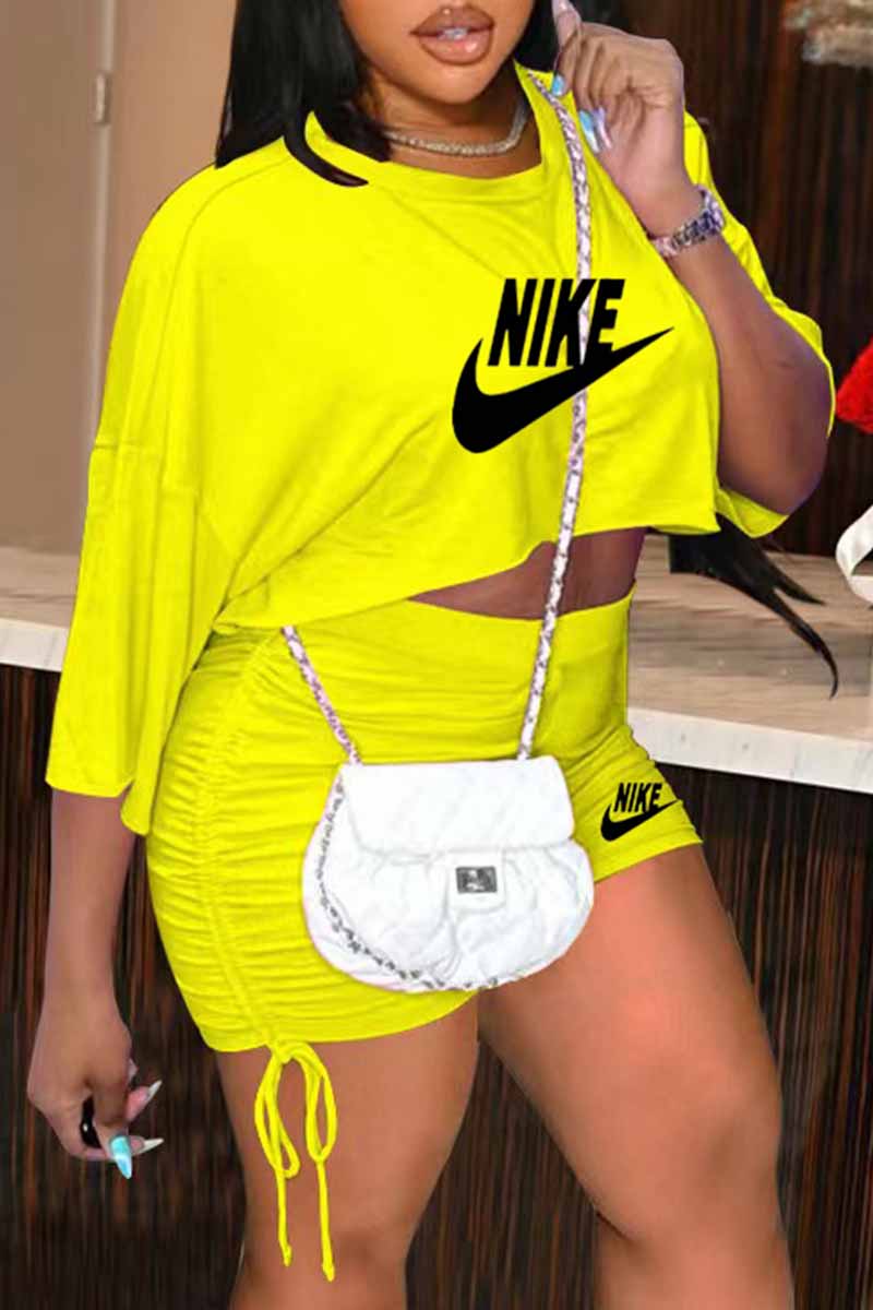 

Yellow Fashion Casual Print Letter O Neck Short Sleeve Two Pieces