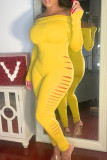 黄色いファッションカジュアルソリッドは肩のスキニージャンプスーツをはぎ取った