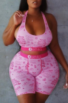 Розовый Повседневная спортивная одежда С принтом Пэчворк U-образный вырез Без рукавов Из двух частей