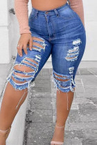 Calça jeans tamanho grande azul casual street sólida rasgada patchwork