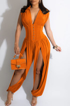 Tangerine Sexig Solid urholkad Patchwork V-hals vanliga Jumpsuits