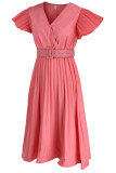 Pink Casual Solid Patchwork Fold V Neck Straight Dresses