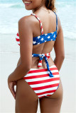 Blue Red Fashion Sexy Print Bandage Patchwork Backless Swimwears (With Paddings)