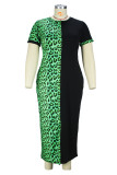 Groene mode casual plus size print luipaard patchwork O-hals jurk met korte mouwen