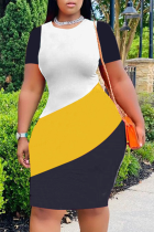Gele mode gestreepte patchwork jurken met ronde hals en grote maten