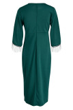 Grünes, modisches, lässiges, unregelmäßiges Kleid mit Patchwork-Quaste und O-Ausschnitt