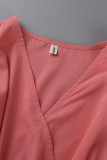 Vestidos rectos con cuello en V y pliegues en patchwork liso informal rosa