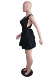 ブラックファッションセクシーなソリッドバックレスクロスストラップVネックノースリーブドレス