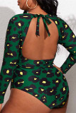 Grönt mode sexigt tryck leopardbandage rygglös o-hals Badkläder i plusstorlek (med vadderingar)