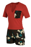 Black Casual Print Camouflage Print Patchwork V Neck Short Sleeve Two Pieces
