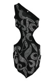 Vestido irregular de un hombro sin espalda ahuecado perforado en caliente de patchwork sexy negro Vestidos